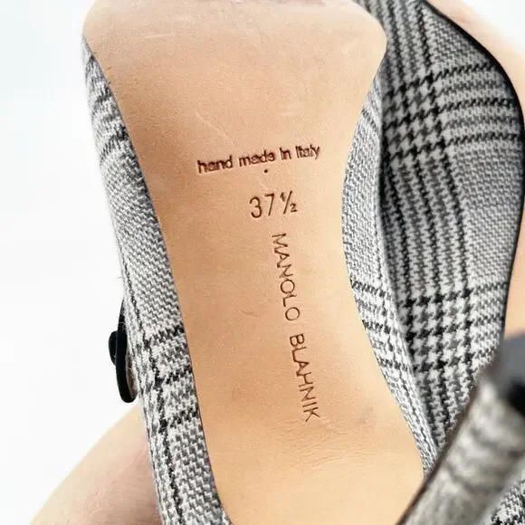 Manolo Blahnik Campari Houndstooth Wool Black Trim Mary Jane Heels Pumps IT 37.5 - Picture 11 of 11